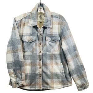 Sage Collective Women Blue Plaid Fleece Sherpa Lined Shacket Jacket Large
